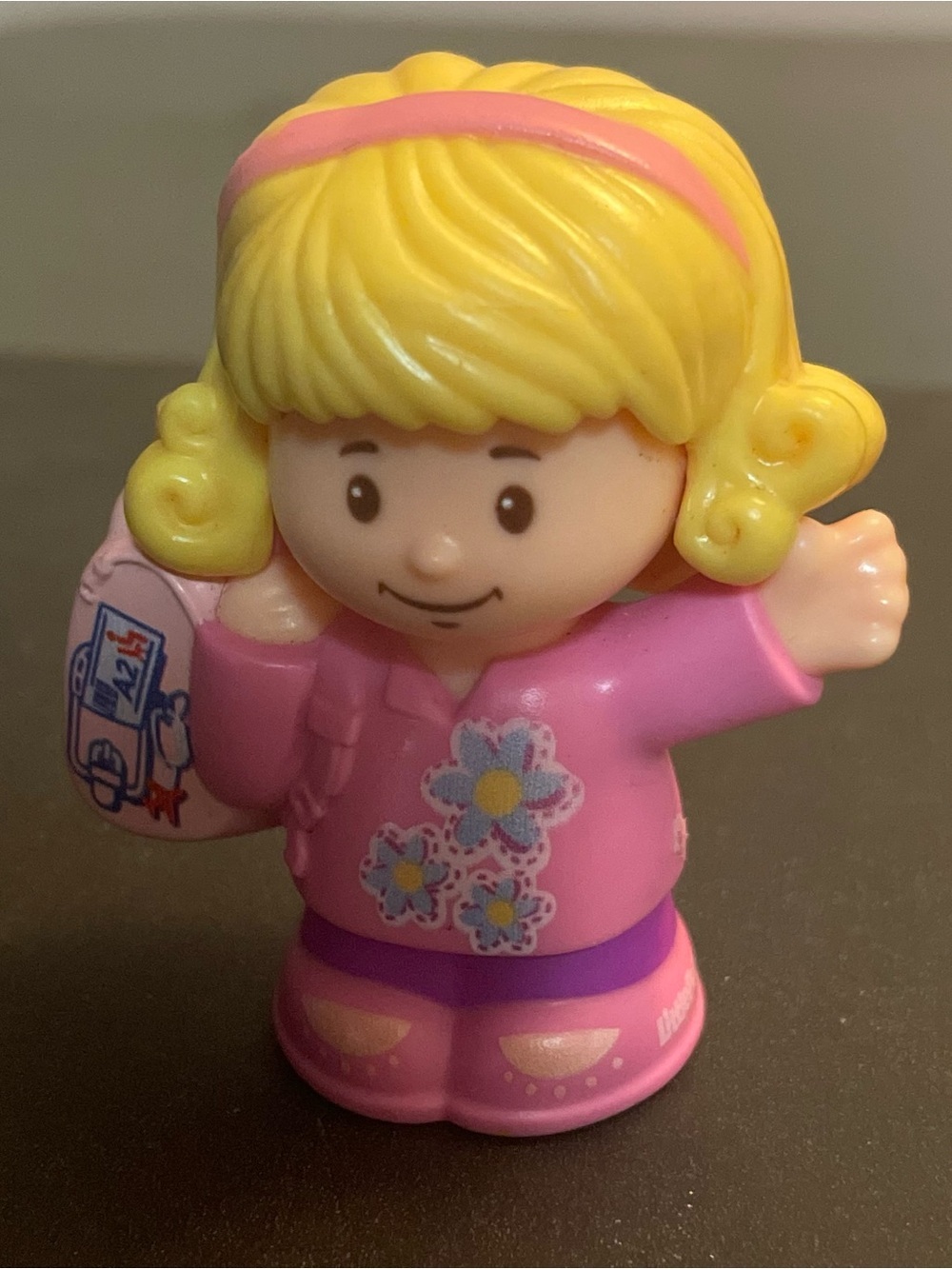 Fisher Price Little People airplane passenger girl pink flowers backpack blonde